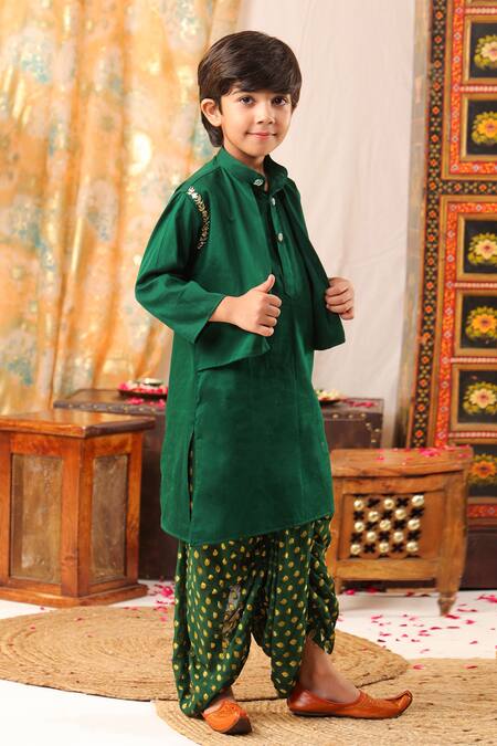 Shop_Cute Couture_Green Cotton, Silk Embroidery Kurta And Printed Dhoti Pant Set _Online_at_Aza_Fashions