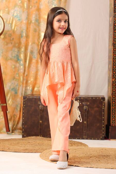 Cute Couture_Peach Cotton, Silk Pearls Embroidered Top And Palazzo Set _Online_at_Aza_Fashions