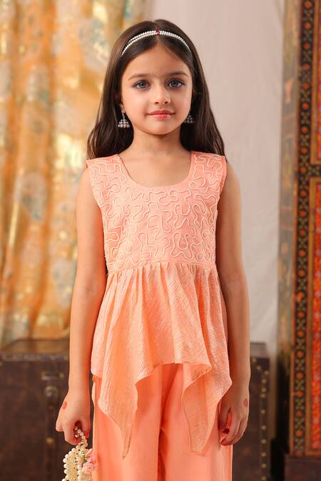 Cute Couture_Peach Cotton, Silk Pearls Embroidered Top And Palazzo Set _at_Aza_Fashions