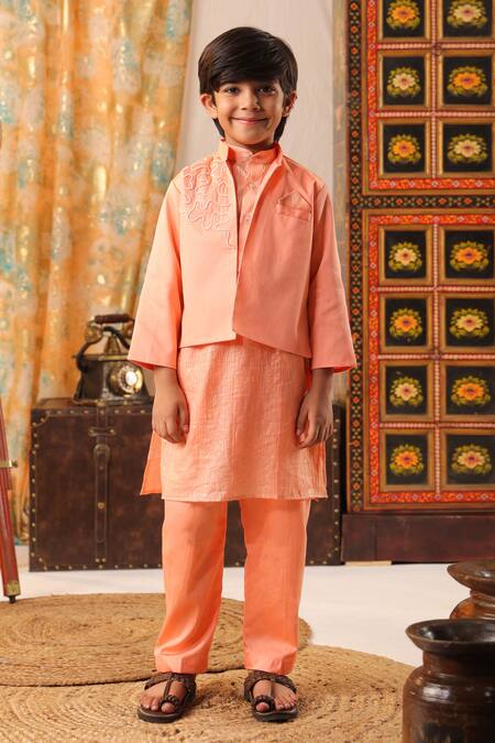 Cute Couture_Peach Cotton, Silk Pearls Embroidered Jacket And Kurta Set _Online_at_Aza_Fashions