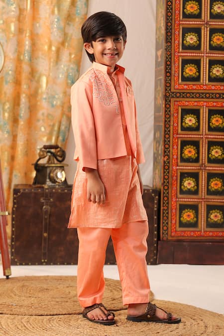 Shop_Cute Couture_Peach Cotton, Silk Pearls Embroidered Jacket And Kurta Set _Online_at_Aza_Fashions
