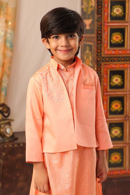 Cute Couture_Peach Cotton, Silk Pearls Embroidered Jacket And Kurta Set _at_Aza_Fashions
