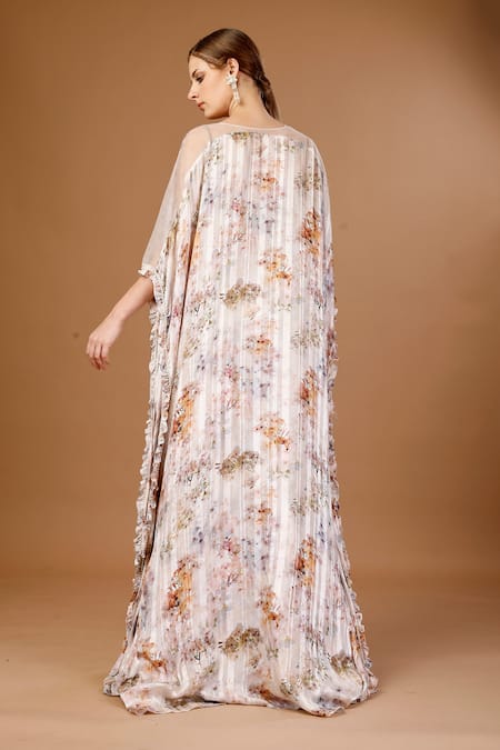 Merge Design_Peach Modal, Satin, Chiffon, Crepe Pearls, Sequins, Floral Print Shrug Skirt Set _Online_at_Aza_Fashions
