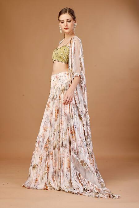 Buy_Merge Design_Peach Modal, Satin, Chiffon, Crepe Pearls, Sequins, Floral Print Shrug Skirt Set _Online_at_Aza_Fashions