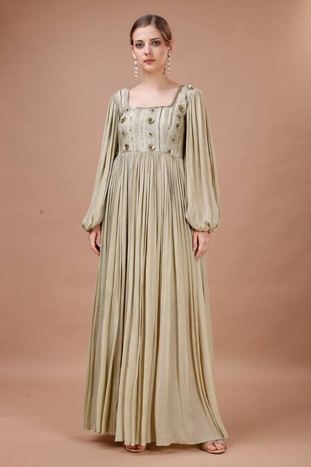 Merge Design_Green Chiffon Sequins, Pearls Square Neck Applique Embroidered Dress _Online_at_Aza_Fashions