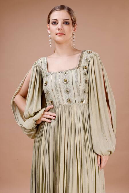 Buy_Merge Design_Green Chiffon Sequins, Pearls Square Neck Applique Embroidered Dress _Online_at_Aza_Fashions