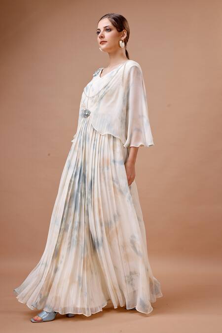 Buy_Merge Design_Off White Georgette Pearls, Sequins V-neck Tie Dye Placement Embroidered Dress _Online_at_Aza_Fashions