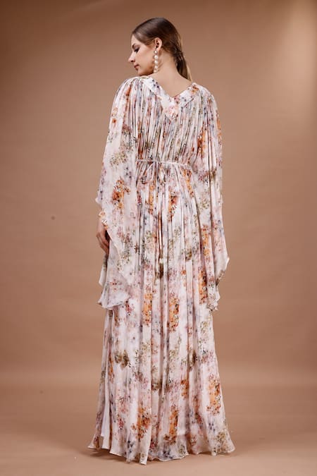 Shop_Merge Design_Peach Chiffon Embroidery, Pearls V-neck Floral Print Kaftan _at_Aza_Fashions