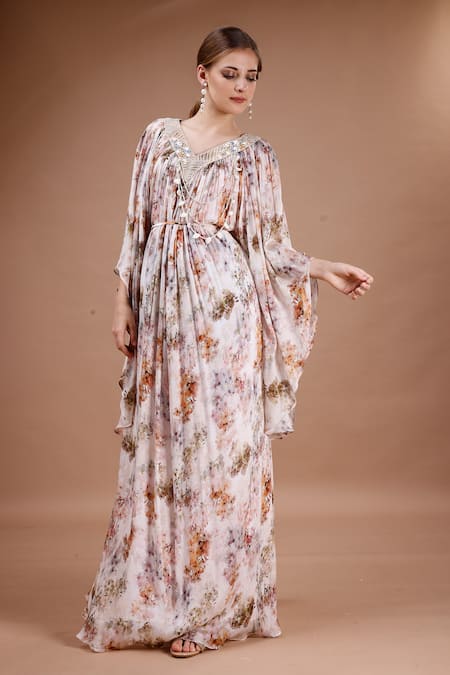 Merge Design_Peach Chiffon Embroidery, Pearls V-neck Floral Print Kaftan _Online_at_Aza_Fashions