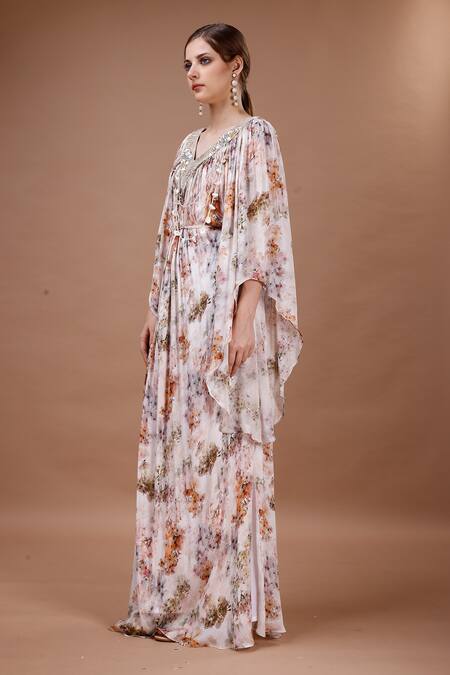 Buy_Merge Design_Peach Chiffon Embroidery, Pearls V-neck Floral Print Kaftan _Online_at_Aza_Fashions