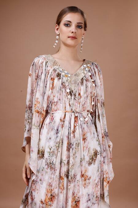 Shop_Merge Design_Peach Chiffon Embroidery, Pearls V-neck Floral Print Kaftan _Online_at_Aza_Fashions