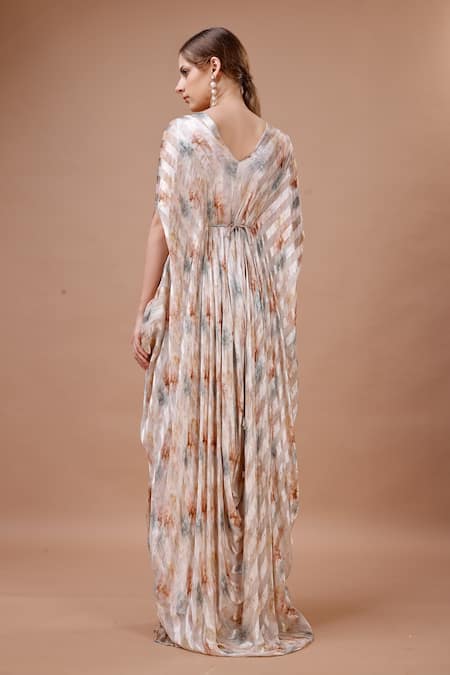 Shop_Merge Design_Peach Satin Pearls, Embroidery V-neck Floral Stripe Print Kaftan _at_Aza_Fashions