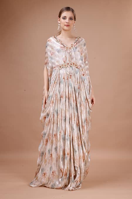 Merge Design_Peach Satin Pearls, Embroidery V-neck Floral Stripe Print Kaftan _Online_at_Aza_Fashions
