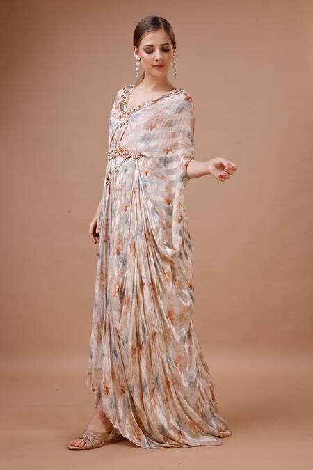 Buy_Merge Design_Peach Satin Pearls, Embroidery V-neck Floral Stripe Print Kaftan _Online_at_Aza_Fashions