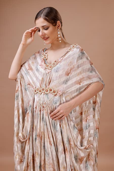 Shop_Merge Design_Peach Satin Pearls, Embroidery V-neck Floral Stripe Print Kaftan _Online_at_Aza_Fashions