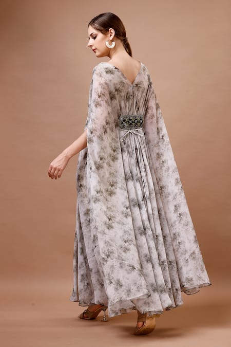 Shop_Merge Design_Green Georgette Pearls, Stones, Embroidery V-neck Flower Print Kaftan With Belt _at_Aza_Fashions