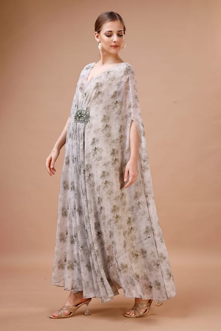 Merge Design_Green Georgette Pearls, Stones, Embroidery V-neck Flower Print Kaftan With Belt _Online_at_Aza_Fashions