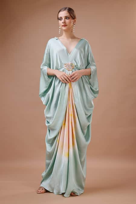 Merge Design Green Modal, Satin Embroidery, Sequins V-neck Tie Dye Kaftan With Belt 