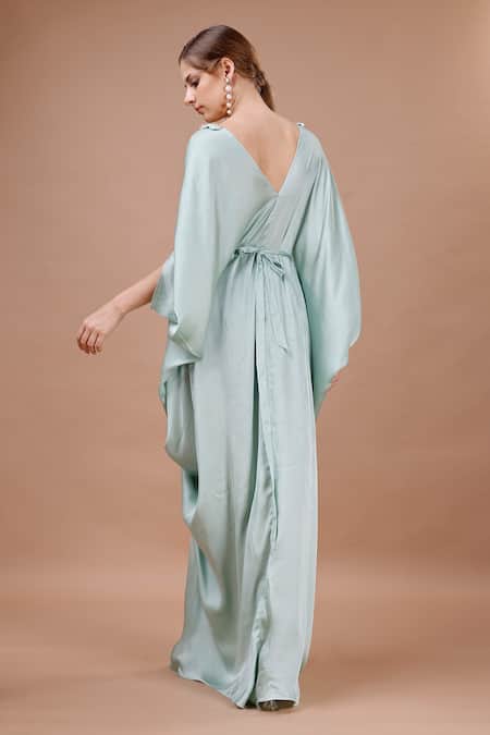 Shop_Merge Design_Green Modal, Satin Embroidery, Sequins V-neck Tie Dye Kaftan With Belt _at_Aza_Fashions