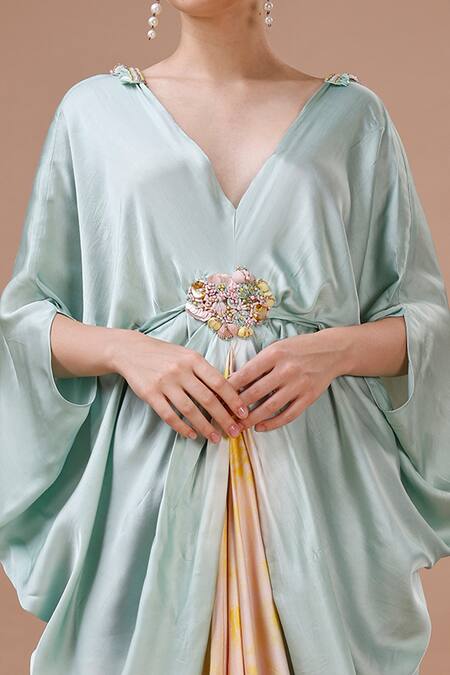 Merge Design Green Modal, Satin Embroidery, Sequins V-neck Tie Dye Kaftan With Belt Online at Aza Fashions Merge Design_Green Modal, Satin Embroidery, Sequins V-neck Tie Dye Kaftan With Belt _Online_at_Aza_Fashions