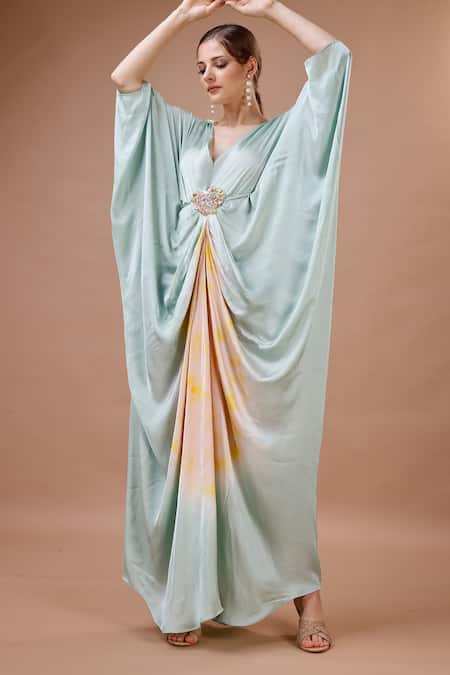 Buy_Merge Design_Green Modal, Satin Embroidery, Sequins V-neck Tie Dye Kaftan With Belt _Online_at_Aza_Fashions