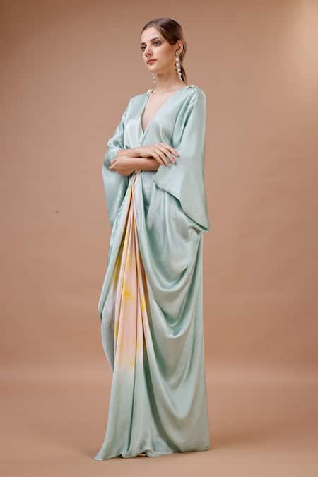 Shop_Merge Design_Green Modal, Satin Embroidery, Sequins V-neck Tie Dye Kaftan With Belt _Online_at_Aza_Fashions