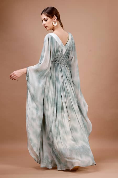 Shop_Merge Design_Green Georgette Sequins, Stones Tie Dye Neckline Embroidered Kaftan With Belt _at_Aza_Fashions