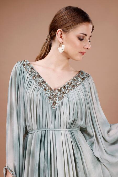 Merge Design_Green Georgette Sequins, Stones Tie Dye Neckline Embroidered Kaftan With Belt _Online_at_Aza_Fashions