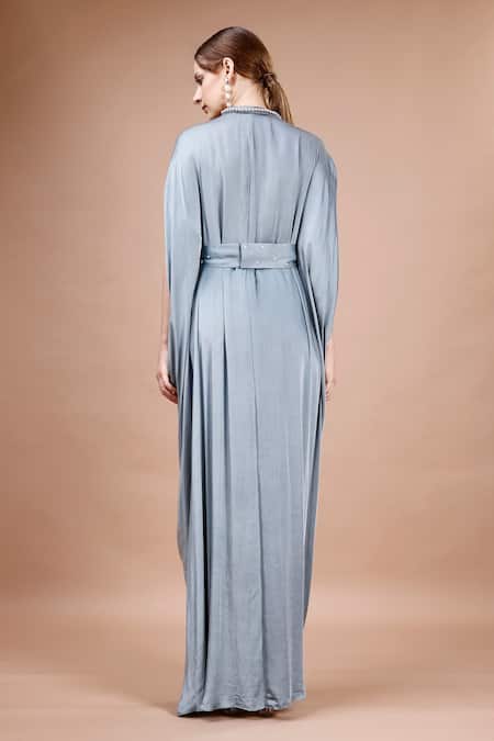 Shop_Merge Design_Blue Modal, Satin Sequins, Pearls V-neck Neckline Embroidered Kaftan With Belt _at_Aza_Fashions