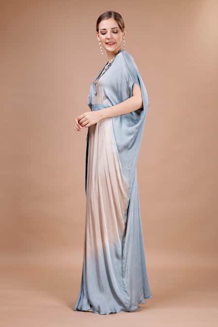 Buy_Merge Design_Blue Modal, Satin Sequins, Pearls V-neck Neckline Embroidered Kaftan With Belt _Online_at_Aza_Fashions