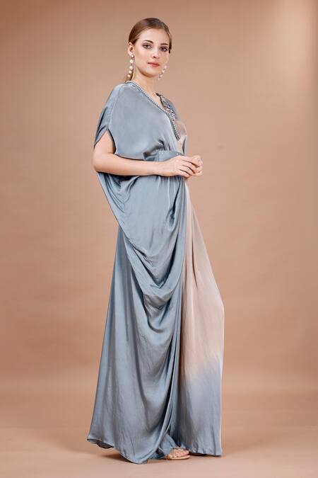 Shop_Merge Design_Blue Modal, Satin Sequins, Pearls V-neck Neckline Embroidered Kaftan With Belt _Online_at_Aza_Fashions