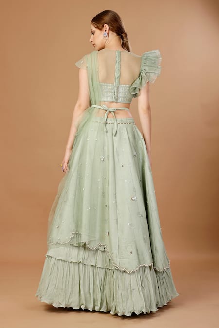 Merge Design_Green Georgette, Net Pearls, Stones, Sequins Applique Embroidered Lehenga Set _Online_at_Aza_Fashions