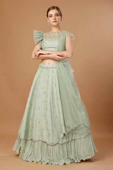 Buy_Merge Design_Green Georgette, Net Pearls, Stones, Sequins Applique Embroidered Lehenga Set _Online_at_Aza_Fashions