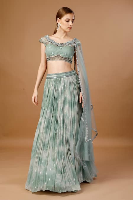 Merge Design Green Net, Georgette, Organza Pearls, Mirrors, Stones, Tie Dye Lehenga Set 