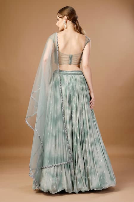 Merge Design_Green Net, Georgette, Organza Pearls, Mirrors, Stones, Tie Dye Lehenga Set _Online_at_Aza_Fashions