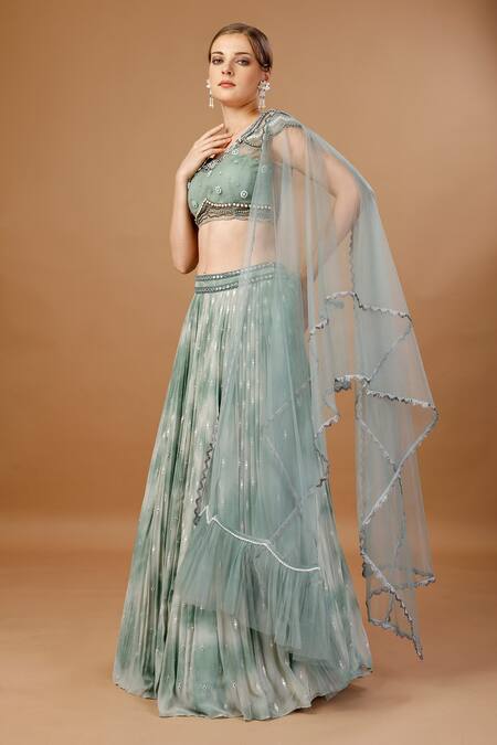Buy_Merge Design_Green Net, Georgette, Organza Pearls, Mirrors, Stones, Tie Dye Lehenga Set _Online_at_Aza_Fashions