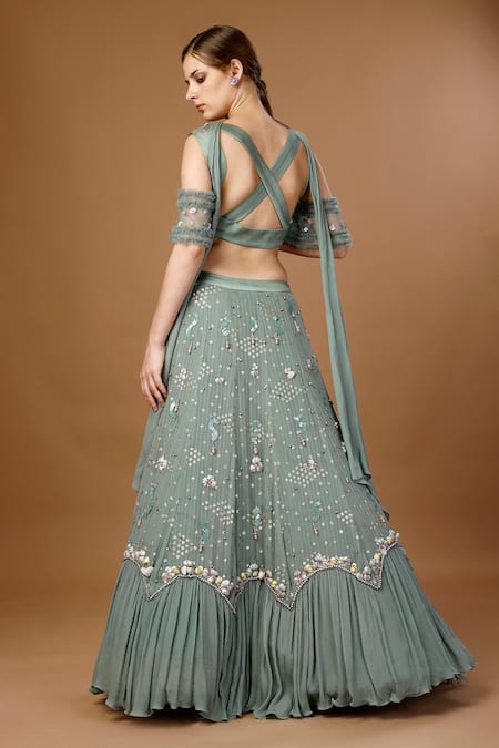 Merge Design_Green Georgette, Chiffon Pearls, Sequins Plunge Neck Embroidered Lehenga Set _Online_at_Aza_Fashions