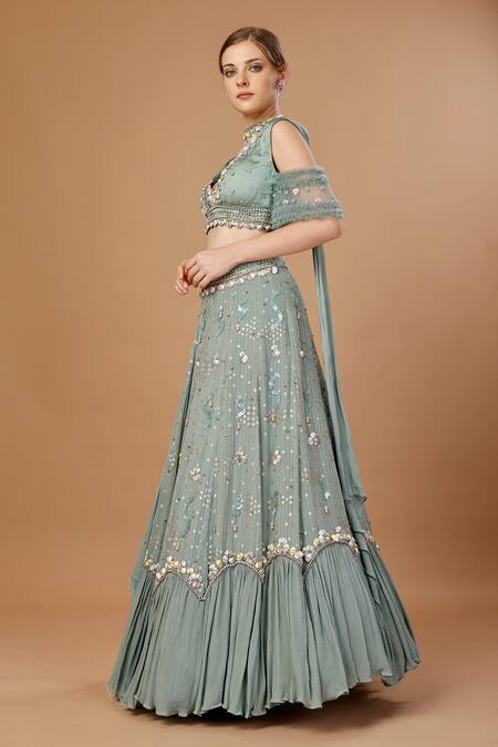 Buy_Merge Design_Green Georgette, Chiffon Pearls, Sequins Plunge Neck Embroidered Lehenga Set _Online_at_Aza_Fashions