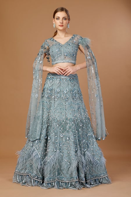 Merge Design Blue Organza, Net Sequins, Beads, Feathers, Geometric Embroidered Lehenga Set 