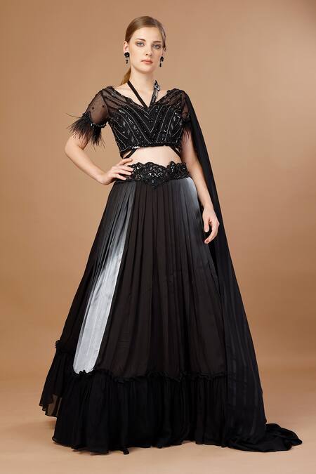 Buy Black Blouse Net Embroidery Pearl Halter Ombre Waistband