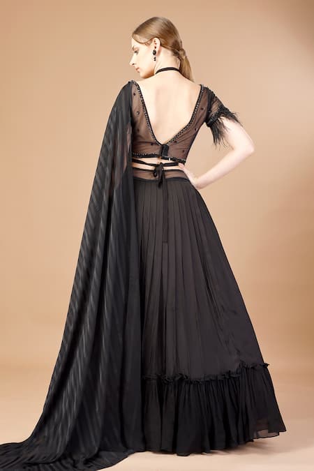 Merge Design_Black Net, Modal, Satin Pearls, Sequins, Ombre Waistband Embroidered Lehenga Set _Online_at_Aza_Fashions