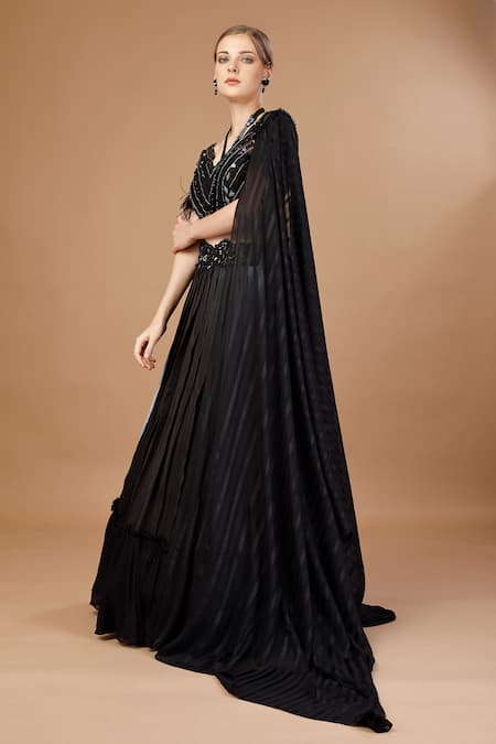 Buy_Merge Design_Black Net, Modal, Satin Pearls, Sequins, Ombre Waistband Embroidered Lehenga Set _Online_at_Aza_Fashions