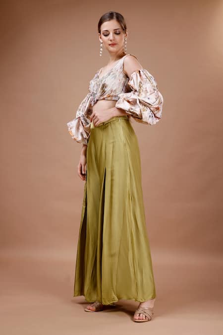Shop_Merge Design_Green Crepe, Modal, Satin V-neck Printed Pant And Top Set _at_Aza_Fashions