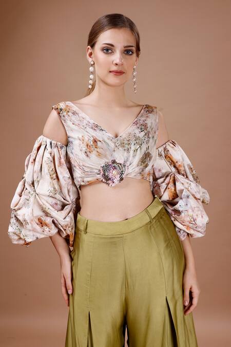 Merge Design_Green Crepe, Modal, Satin V-neck Printed Pant And Top Set _Online_at_Aza_Fashions