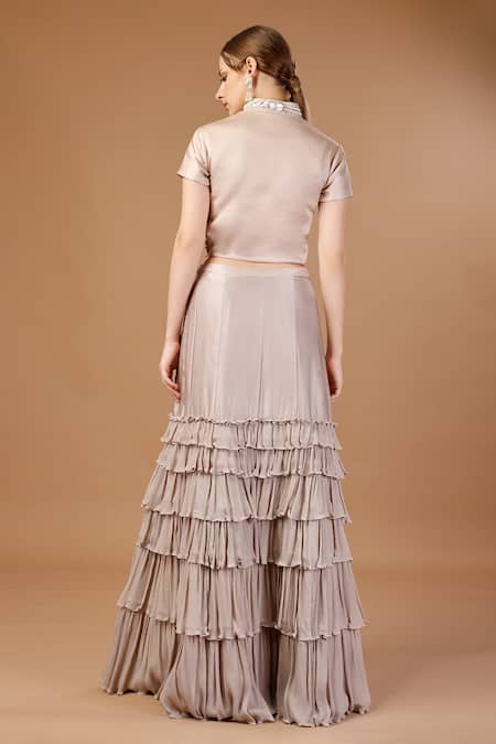 Merge Design_Beige Modal, Satin, Chiffon Sequins, Pearls, Embroidered Top And Layered Skirt Set _Online_at_Aza_Fashions