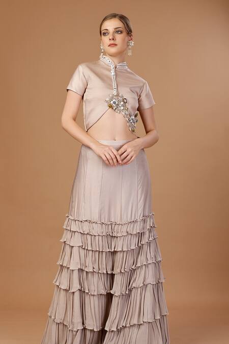 Buy Merge Design Beige Modal, Satin, Chiffon Sequins, Pearls, Embroidered Top And Layered Skirt Set Online at Aza Fashions Buy_Merge Design_Beige Modal, Satin, Chiffon Sequins, Pearls, Embroidered Top And Layered Skirt Set _Online_at_Aza_Fashions