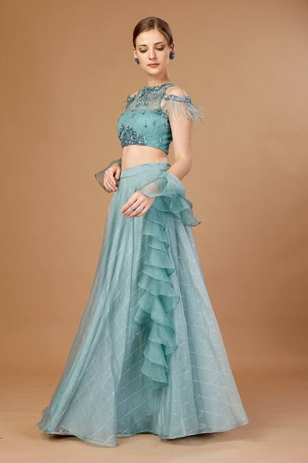 Buy_Merge Design_Blue Net, Organza Sequins, Beads, Cut Work Halter Neck Embroidered Skirt Set _Online_at_Aza_Fashions