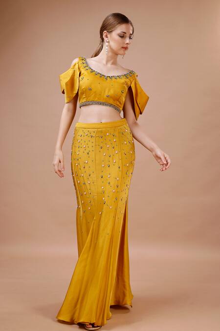 Merge Design_Yellow Modal, Satin Sequins, Pearls, Stones Embroidered Top And Panelled Skirt Set _Online_at_Aza_Fashions