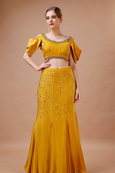 Buy Merge Design Yellow Modal, Satin Sequins, Pearls, Stones Embroidered Top And Panelled Skirt Set Online at Aza Fashions Buy_Merge Design_Yellow Modal, Satin Sequins, Pearls, Stones Embroidered Top And Panelled Skirt Set _Online_at_Aza_Fashions