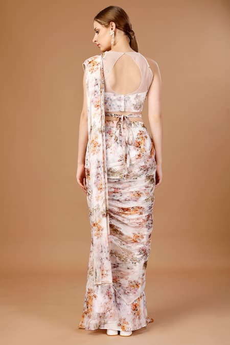 Merge Design_Peach Chiffon Pearls, Embroidery Round Neck Printed Pre-draped Saree With Blouse _Online_at_Aza_Fashions